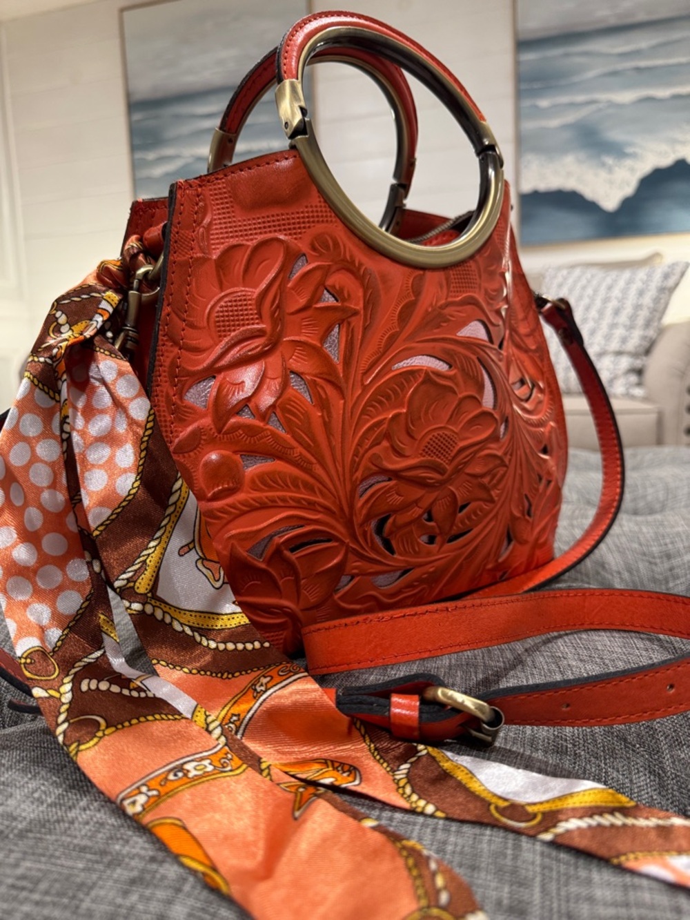 Patricia Nash Bag Aria Double Ring Orange Leather Floral Laser Cut Crossbody - Picture 3 of 17